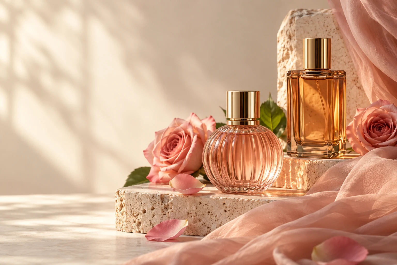 Illustrative perfume bottles with rose petals and warm stone